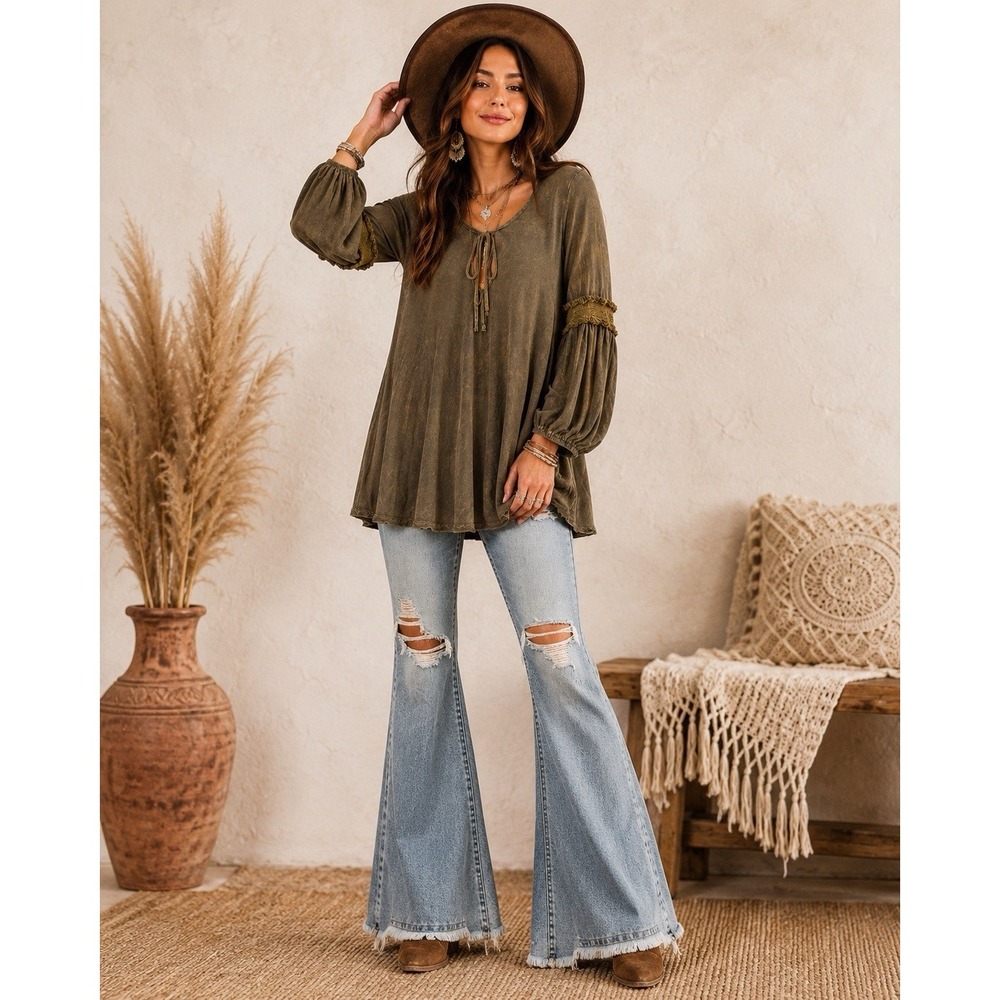 Alterd State Boho Festival Tunic Top Small Peasant Bell Sleeve Tie Neck